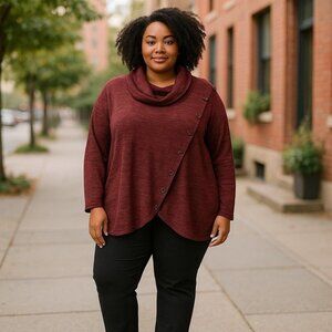 NWT Notations Cowl Neck Button Accent Long Sleeve Top Light Burgundy XL